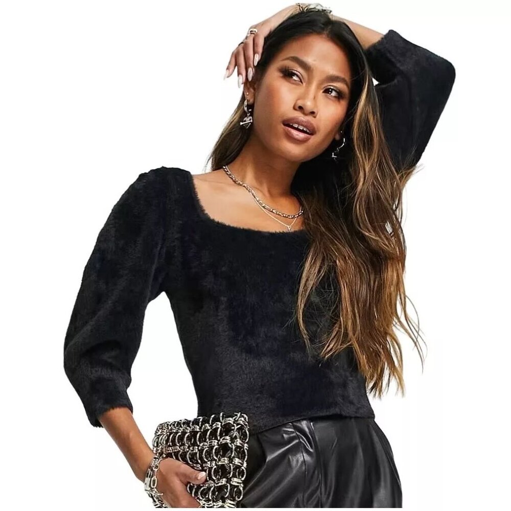 Free People Large Black Sweater Moonbeam Pullover Soft‎ Fuzzy 3/4 Sleeve Soft